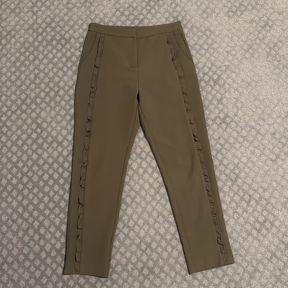 Olive Ruffle Trim Pants
